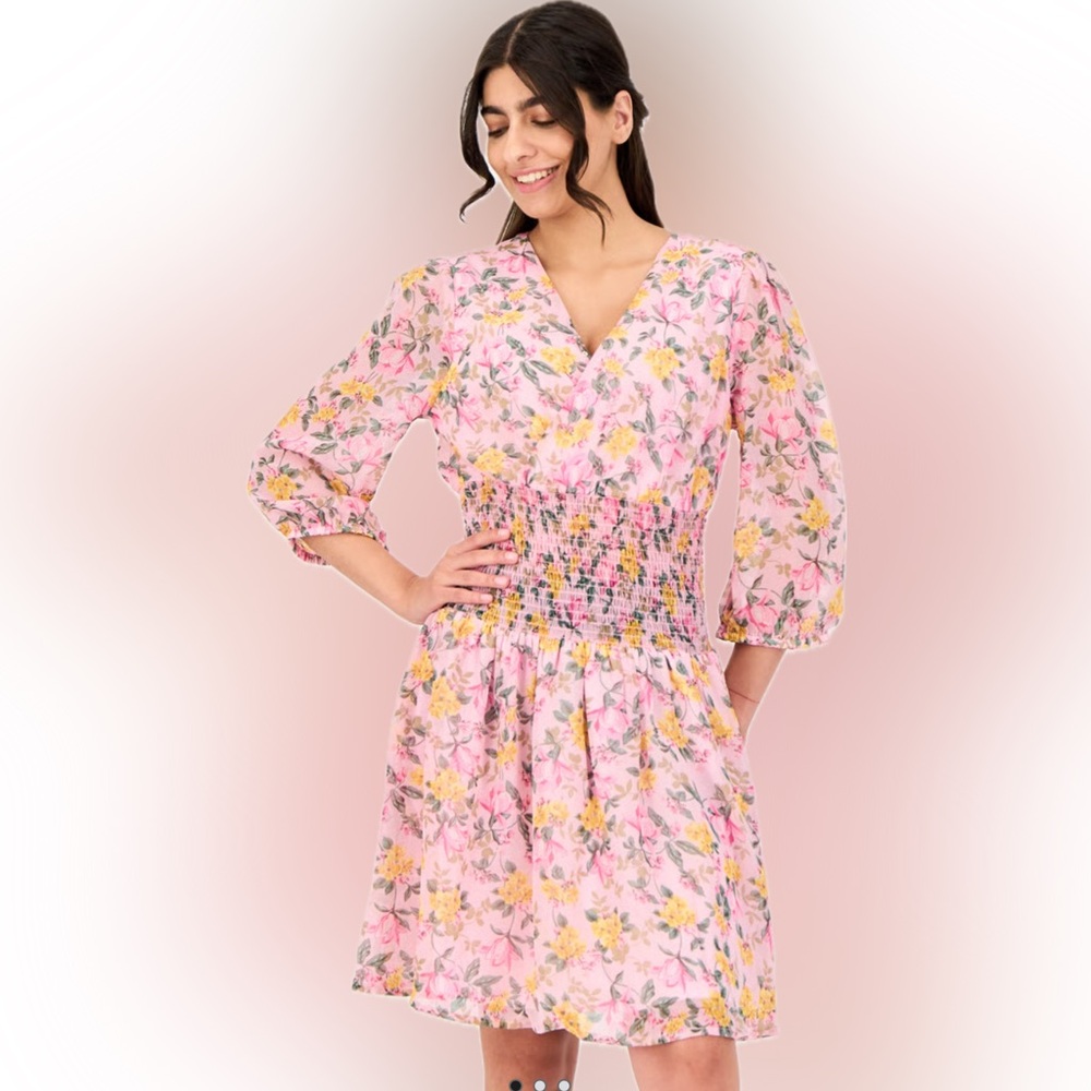 Marissa Olivia NWT Floral Mini Dress V-Neck Sheer 3/4 Sleeve Smocked Waist M